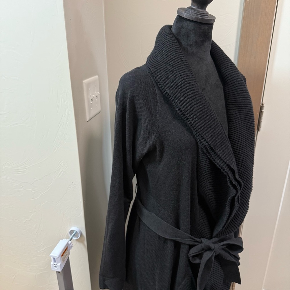 Miss Me Black Flowy Tie Front Cardigan Sweater Heavyweight Long Length Knit Wrap - Picture 5 of 9